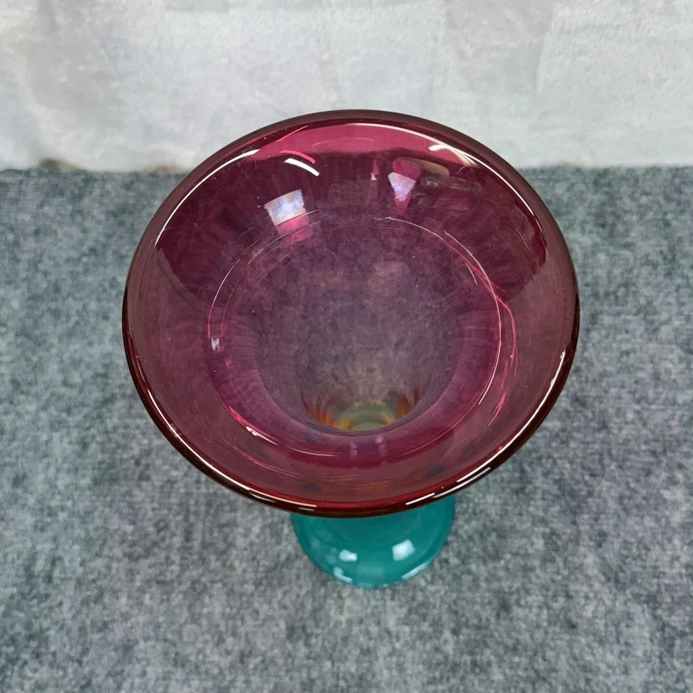 Hand Blown Glass Trumpet Vase Cranberry Teal Base Yellow Knob 12.5